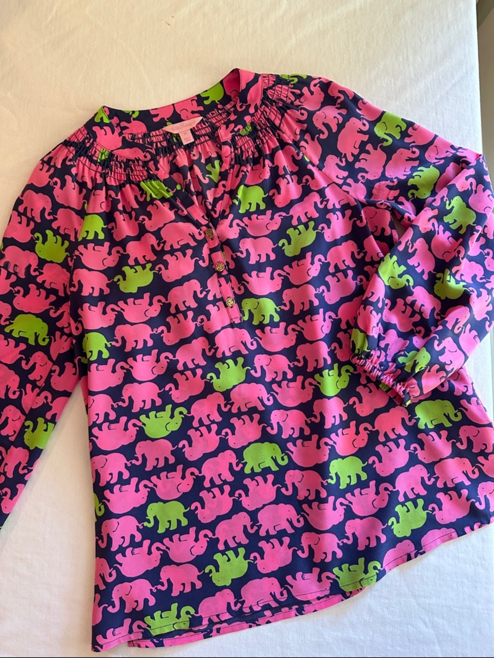 Lilly Pulitzer Navy Top with Pink & Lime Elephant Print